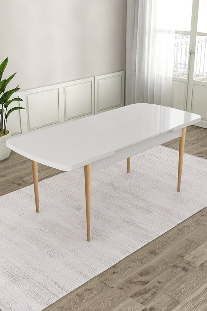 Roz Serisi 80x132 Açılabilir Beyaz Mutfak Masası Doğal Ahşap Ayak