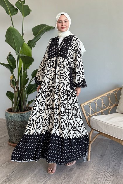 Print Balloon Sleeve Ecru Viscose Dress