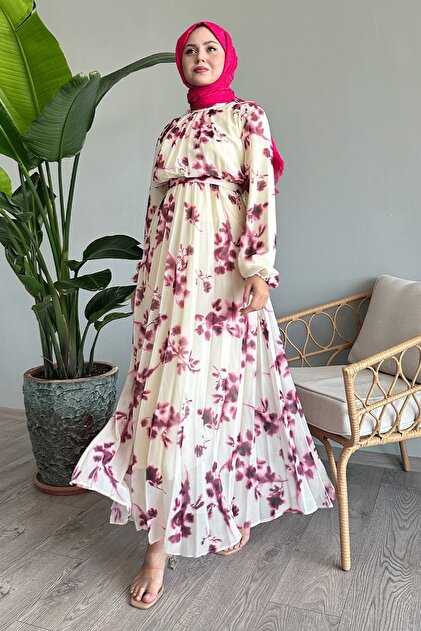 InStyle Fuchsia Tie-Dye Floral Patterned Chiffon Dress- Trendyol InStyle Fuchsia Tie-Dye Floral Patterned Chiffon Dress- Trendyol