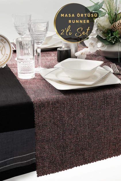 Premium keten runner ve masa örtüsü ikili set (45x180 cm - 155x220 cm)
