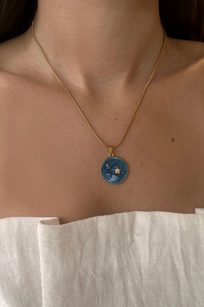 Starry Round Plate Necklace with Steel Chain