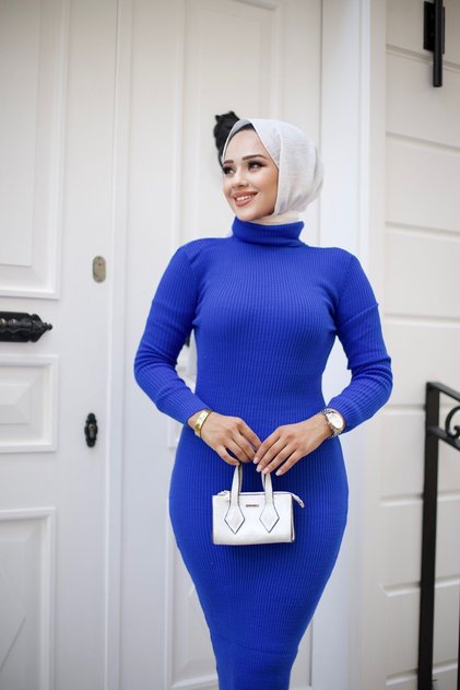 Kadın Elbise Tesettür Giyim Balıkçı Yaka ve Dar Kesim Triko Kalem Elbise