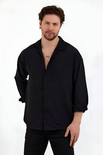 Men's Summer Shirt - Black, Oversize, Textured, LonG Sleeve, Loose Fit