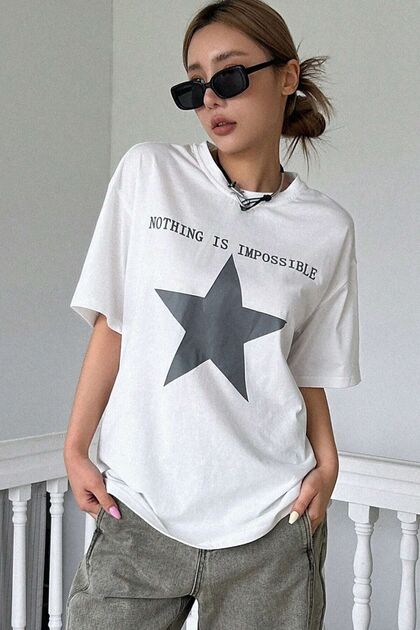 Women's White Imposible Star Printed Oversized T-Shirt