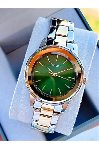 24-Month Warranty, Mirrored Glass, Green Tar Stainless Steel, Non-Fading Strap, Women's Wristwatch with Free Bracelet