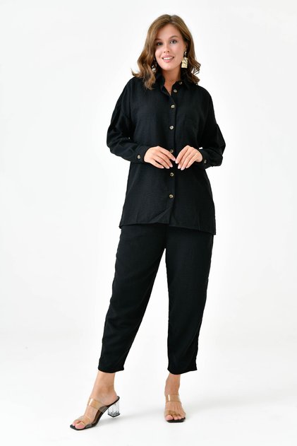 Women's Linen Fabric Pocket Detailed Shirt and Trousers Oversize Double Black Set 10277