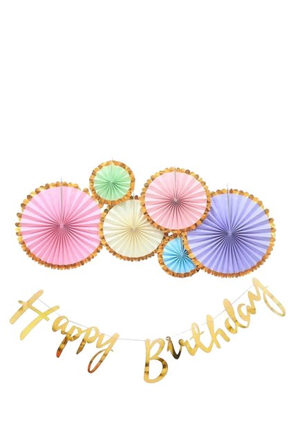 Makaron Renkler Yelpaze 6adet Gold Happy Birthday Yazı