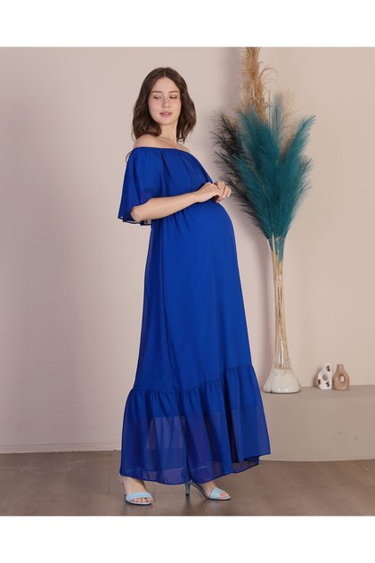 Maternity Ruffled Collar Maxi Length Chiffon Dress New Season 8009 Cobalt Blue