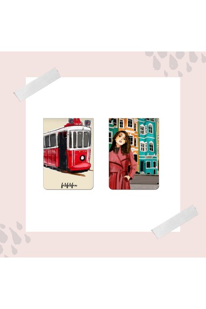 Istanbul Balat Girl Illustrated Double Magnetic Bookmark, Tramway