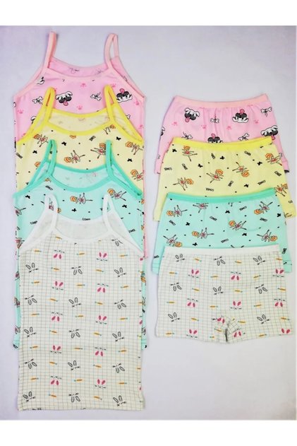 4 Pieces Girl's Patterned Athlete Boxer Briefs Set Cotton Yellow Ecru Mint Pink Set