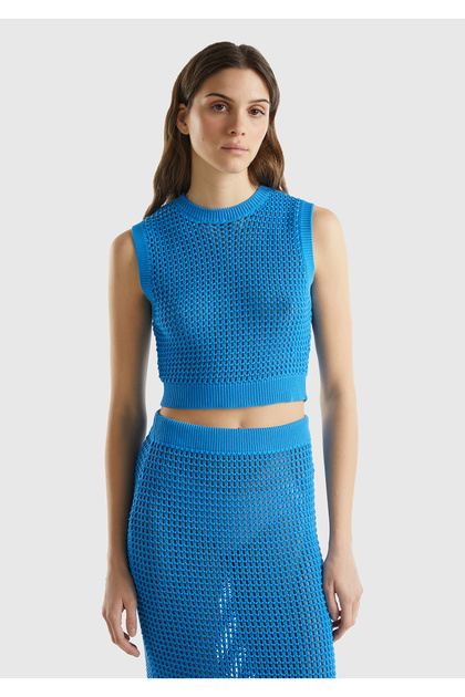 United Colors of Benetton Blue Thick Strap Knitted Motif Women's Sweater -  100% Cotton- Trendyol