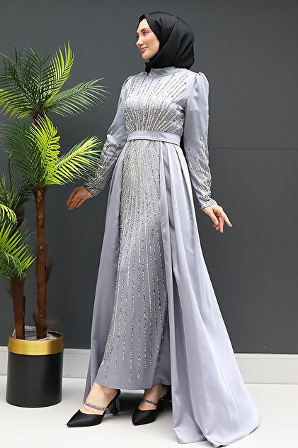 GZ AGYM Dark Gray Moon Hijab Evening Dress- Trendyol