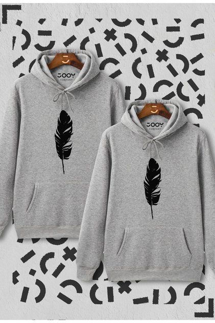 Dear Couple Combination Feather Printed Gray Hooded Sweatshirt Set of 2