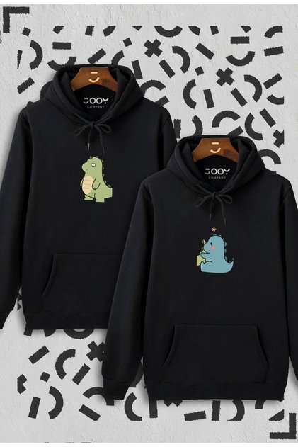 Cute Dinosaur Design Lover Couple Combination Black Hooded Sweatshirt