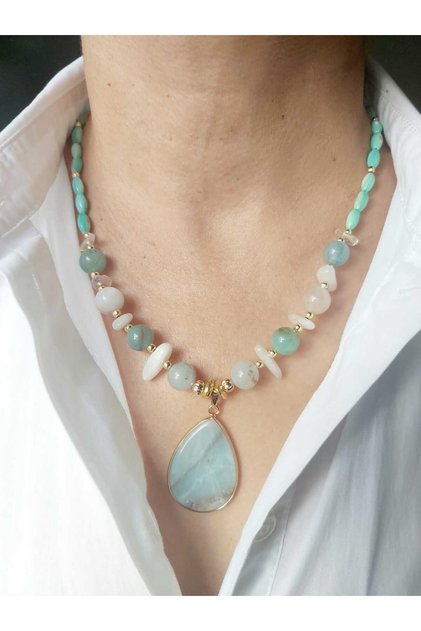 Moonstone, Mother-of-Pearl, Crystal Quartz Natural Stone Designer Necklace