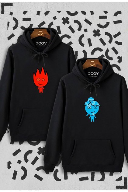Fire and Water Design Lover Couple Combination Black Hooded Sweatshirt Set of 2