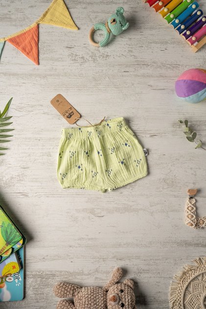 Organic Cotton Muslin Pastel Color - Printed Baby Shorts - Unisex - Pistachio Green