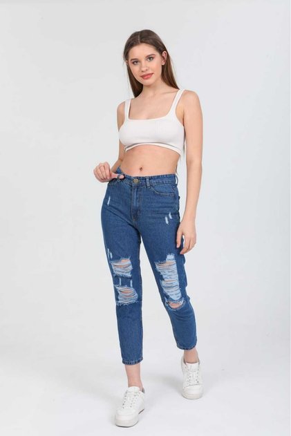 Kn leg laser ripped blue women's mom jeans