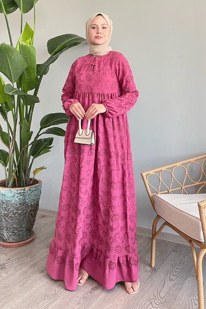 Fuchsia Embroidery Dress - Patterned and Tassels