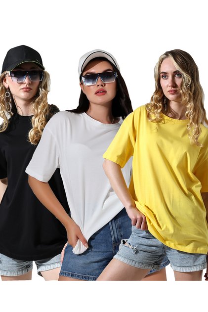 Women's 3-Pack Oversize Crew Neck 100% Cotton Combed Compact Basic T-Shirt 31752 Black-White-Yellow