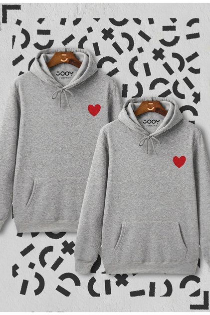 Heart Printed Lover Couple Combination Gray Hooded Sweatshirt Set of 2