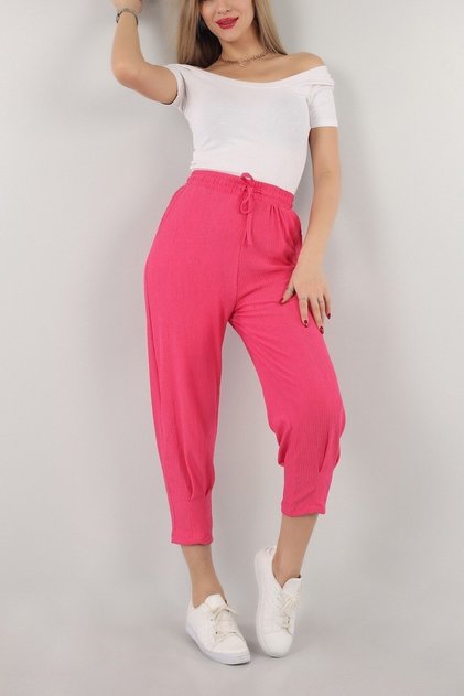 Fuşya Paçası Büzgülü Beli Lastikli Bağcıklı Krinkıl Bürümcük Seul Kumaş Pantolon 88 Cm PAN130