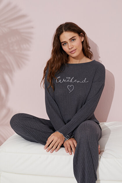 Siyah İnci antrasit Mevsimlik İnce Pamuklu Nakışlı Pijama Takım