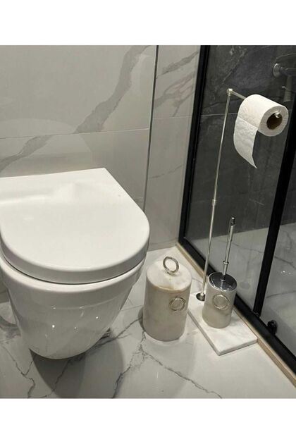 DOĞAL MERMER TABANLI WC PEÇETELİK - ÇÖP KOVASI - WC FIRÇALIK - BEYAZ