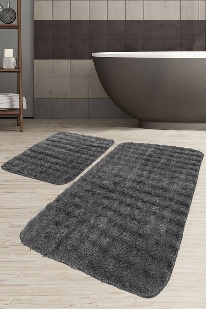 (80X120 80X50) Antrasit Puffy Kabartma 2li Banyo Paspası Klozet Takımı