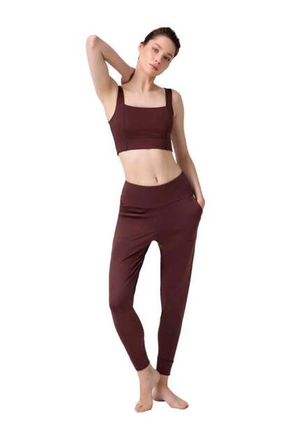 Brown High Waist Double Pocket Women's Jogger Sweatpants