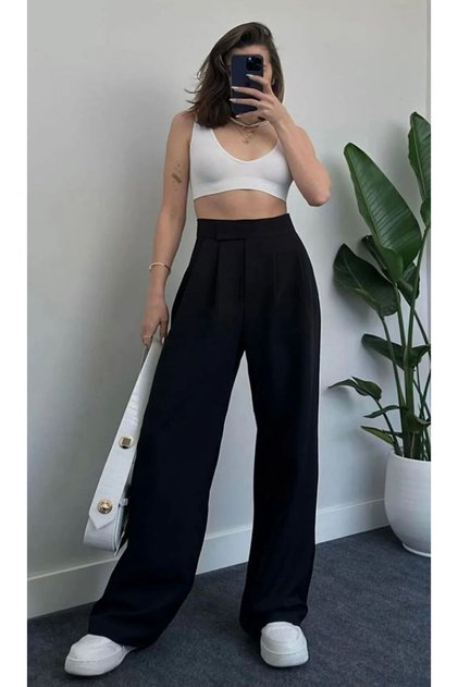 Neva Black Velcro High Waist Wide Leg Palazzo Wide Leg