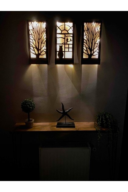 Üçlü Set Peri Ledli Masif Panel Dekoratif Tablo Duvar Süsü Ev Antre Balkon Süsü 36x18cm Piller Hariç
