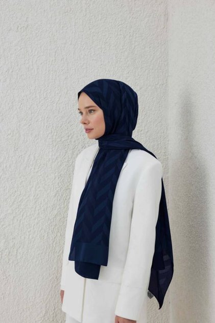 Navy Blue Herringbone Pattern Jacquard Scarf