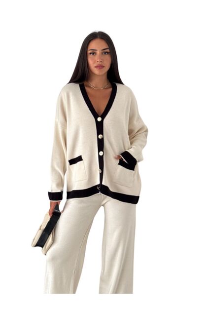 Women's Knitwear Double Set - Cardigan with 2 Front Metal Buttons and Wide Leg Pants Set Lap-002