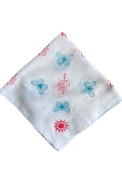 Women's White Cotton Handmade Hair Bandana with Butterfly and Sun Patterned