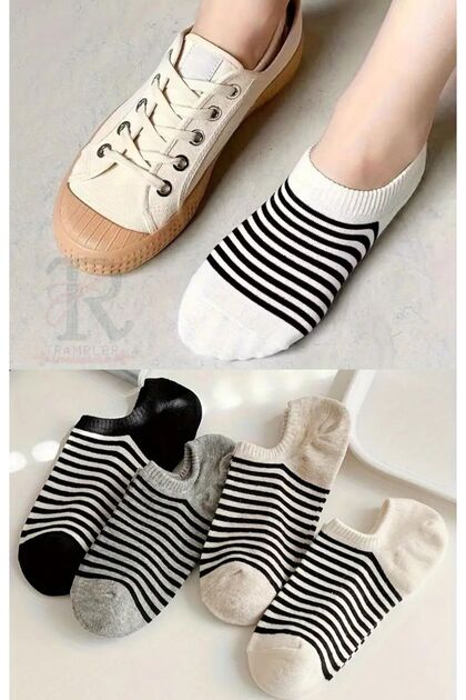 Women's 4 Pairs of Striped Socks Colorful Invisible Women's Ballerina Socks