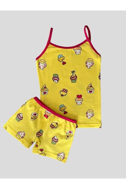 Girl's Cotton Ice Cream Cup Cake Patterned Yellow Tank Top Boxer Set