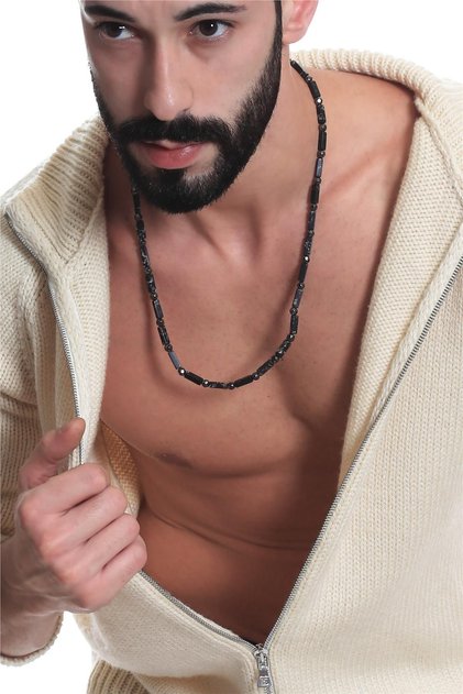 Men's Black Color Howlite Natural Stone & Faceted Hematite Handmade Design Necklace