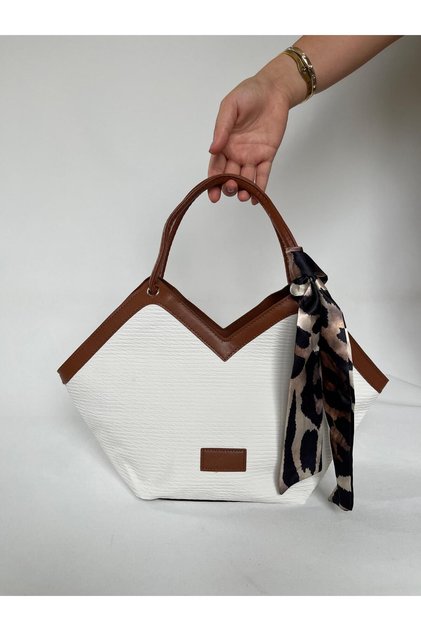 New Season White Jute Straw Zippered Hand and Shoulder Bag with Scarf, Asymmetrical Cut