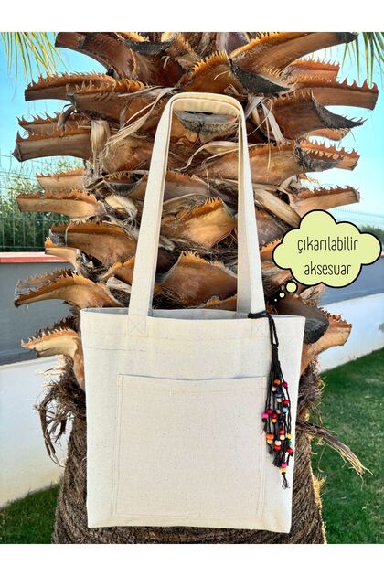 Linen Linen Shoulder Bag with Tassel Accessories