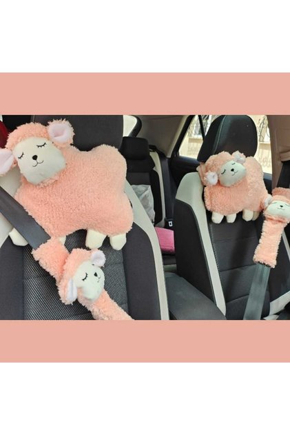 Car Salmon, Pink Seat Belt Accessory Lamb Ornament Neck Pillow Lamb Set of 2