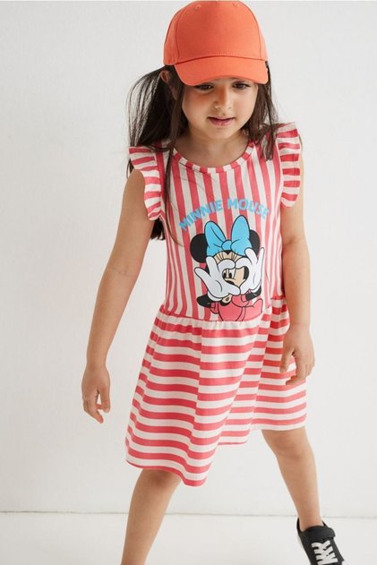 Minnie Mouse Printed Girls' Striped Sleeveless Summer Dress