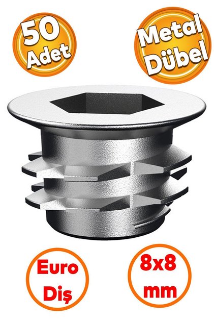 Mobilya Bağlantı Eleman Eki Euro Diş 6 Köşe Vida Metal Dübel 8x8 M6 Çinko (50 ADET)