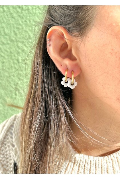 Steel Hoop White Glass Flower Earrings