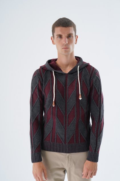 Men's Anthracite Hooded Double Color Vaneza Wool Knitwear Knitted Sweater Trist-5333