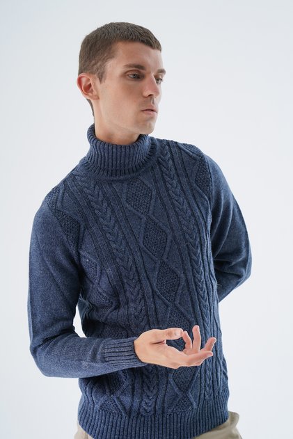 Men's Navy Blue Turtleneck Braided Wool Knitwear Knitted Sweater Trist-5336