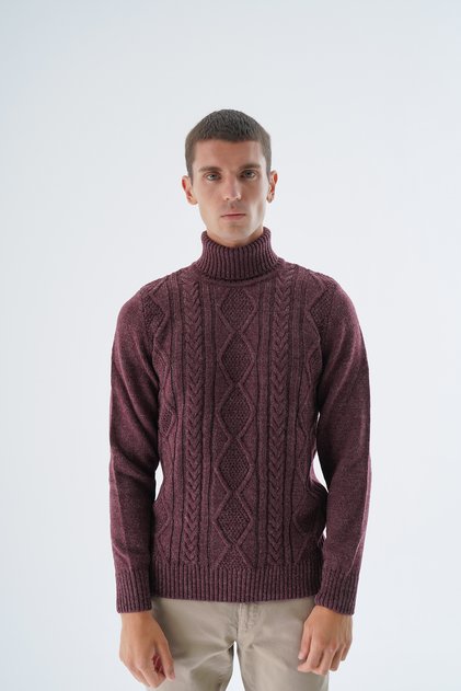 Men's Burgundy Turtleneck Knitted Wool Knitwear Knitted Sweater Trist-5336