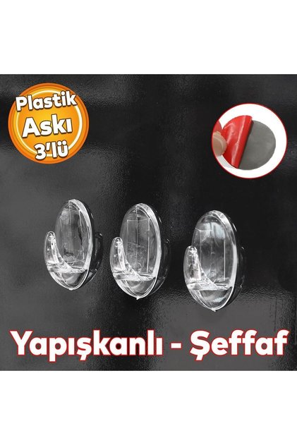 Yapışkanlı Banyo Lavabo Mutfak Askılık Şeffaf Plastik Sağlam Asma İz Bırakmayan Askı 3 Adetli Set