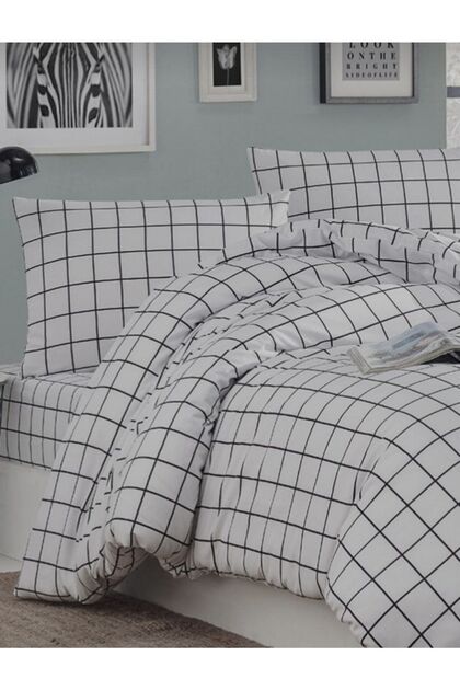 Single White Checkered Duvet Cover Set with Elastic Sheets