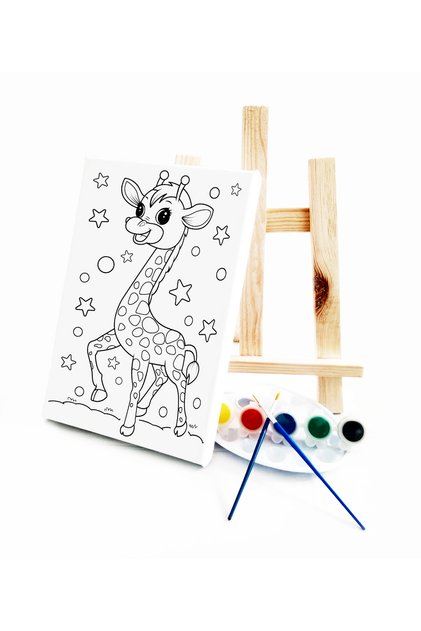 Children's Painter Set Baby Giraffe - 20x30 cm Canvas with Preface, 2 Brushes, Palette, Paints and Easels